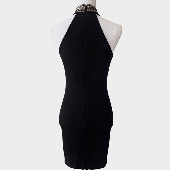 BEBE EMBELLISHED HIGH NECK BLACK BODYCON MINIDRESS - Picture 9 of 16